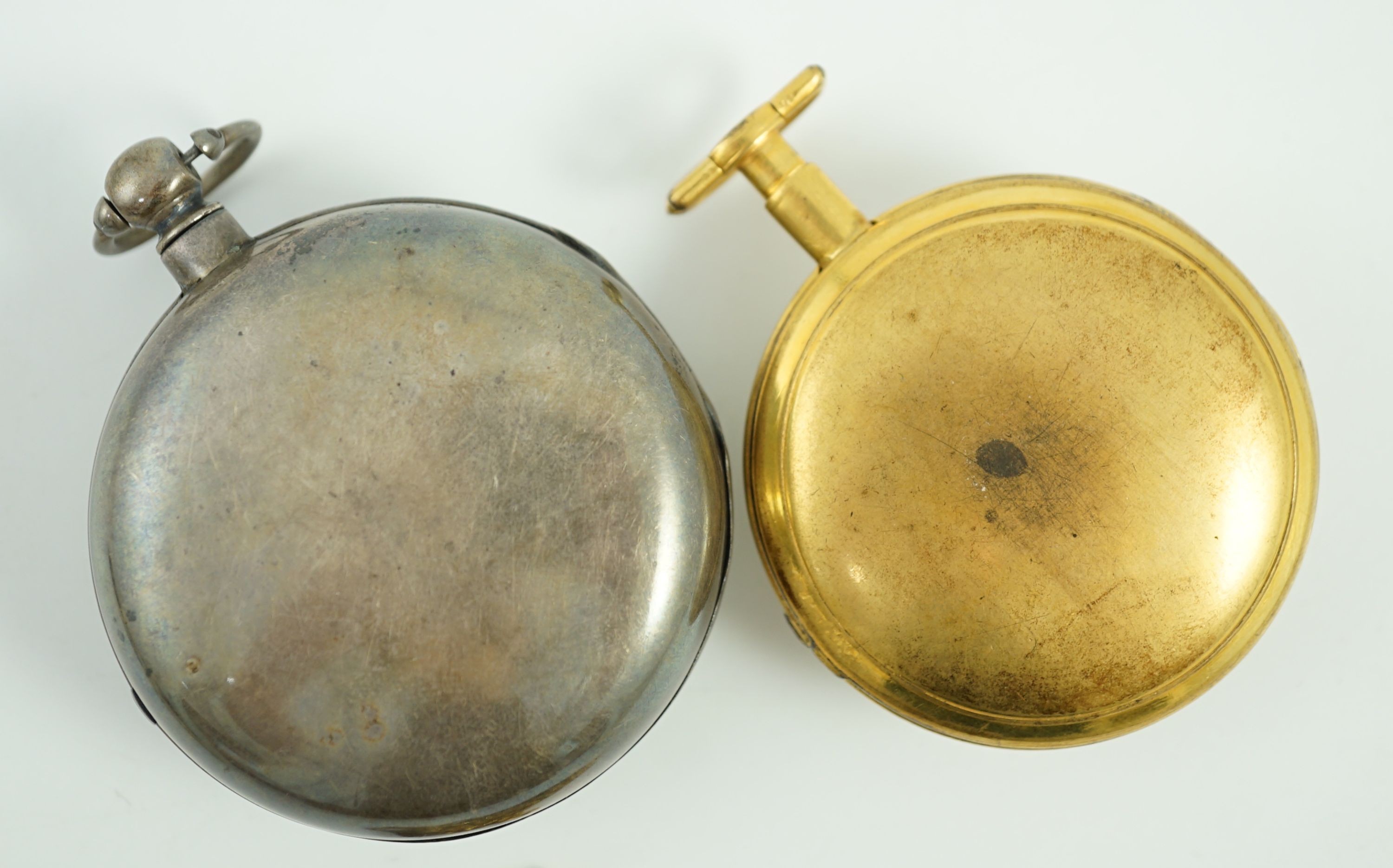 A Victorian silver pair cased pocket watch by Edward Fowle, Westerham and a gilt metal pocket watch missing outer case